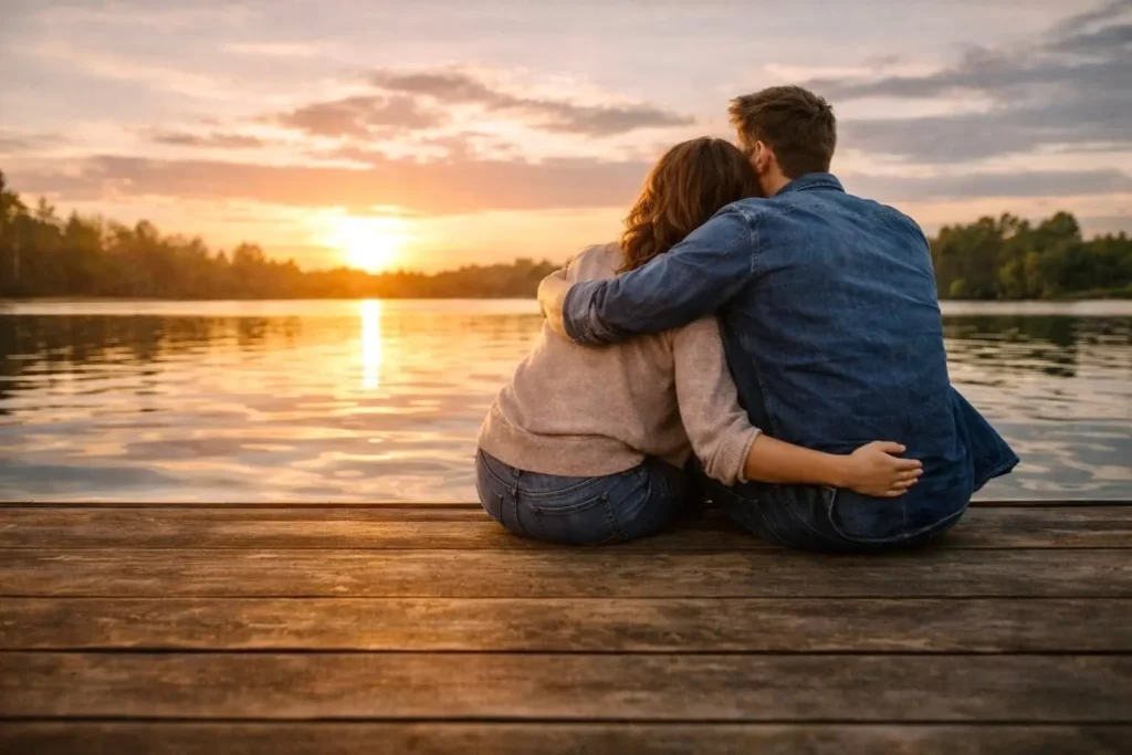 couple sitting apart at sunset symbolizing emotional distance in relationship