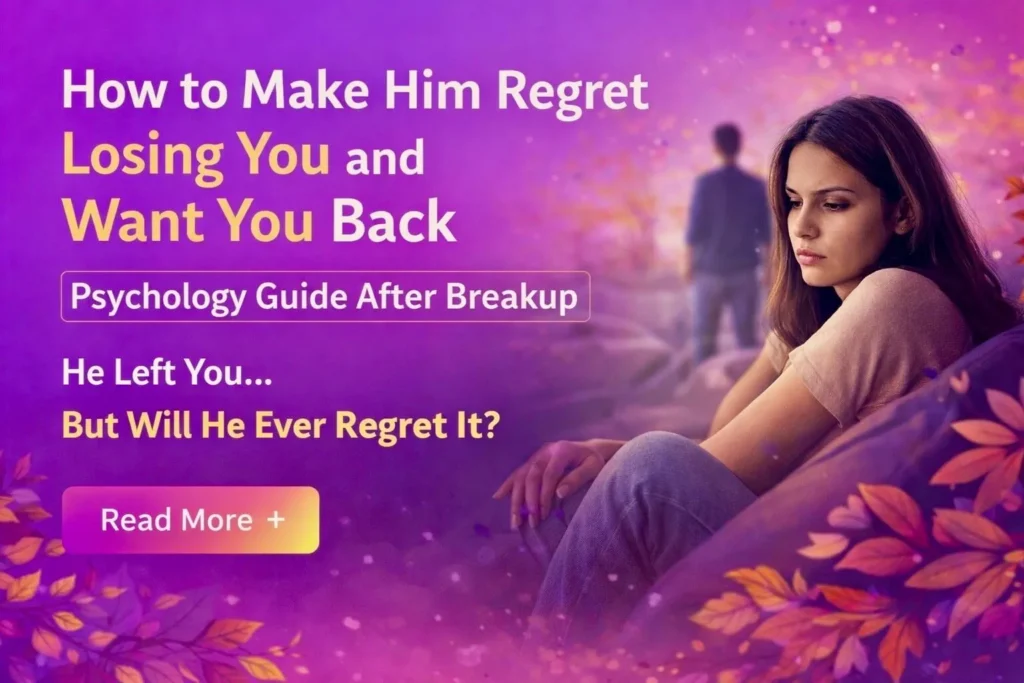 How to make him regret losing you and want you back – breakup psychology guide with emotional woman and man walking away