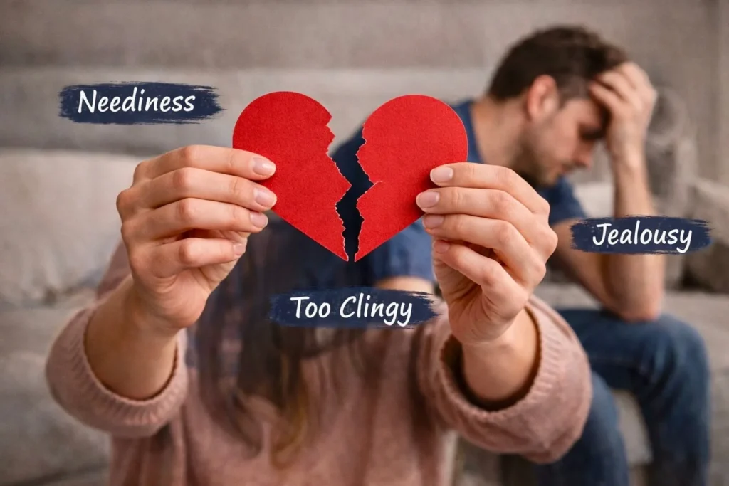 broken heart showing signs of neediness jealousy and clingy behavior that push a man away