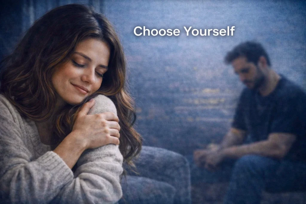 woman choosing herself after emotional pain man distant behind her self love healing relationship psychology