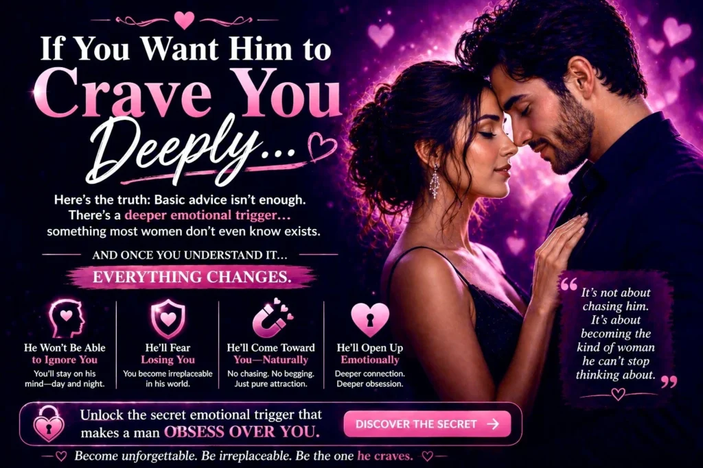 Romantic couple with glowing purple background showing deep emotional connection and desire in a relationship