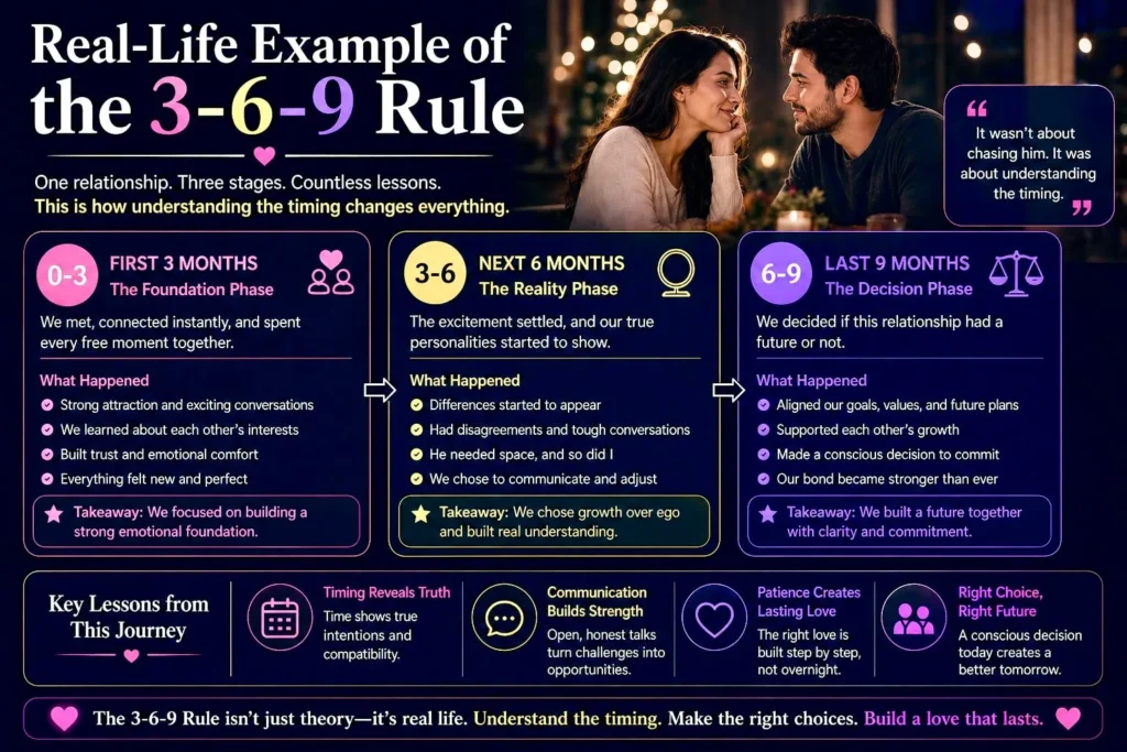 Timeline infographic showing real life relationship journey through 3 month 6 month and 9 month stages