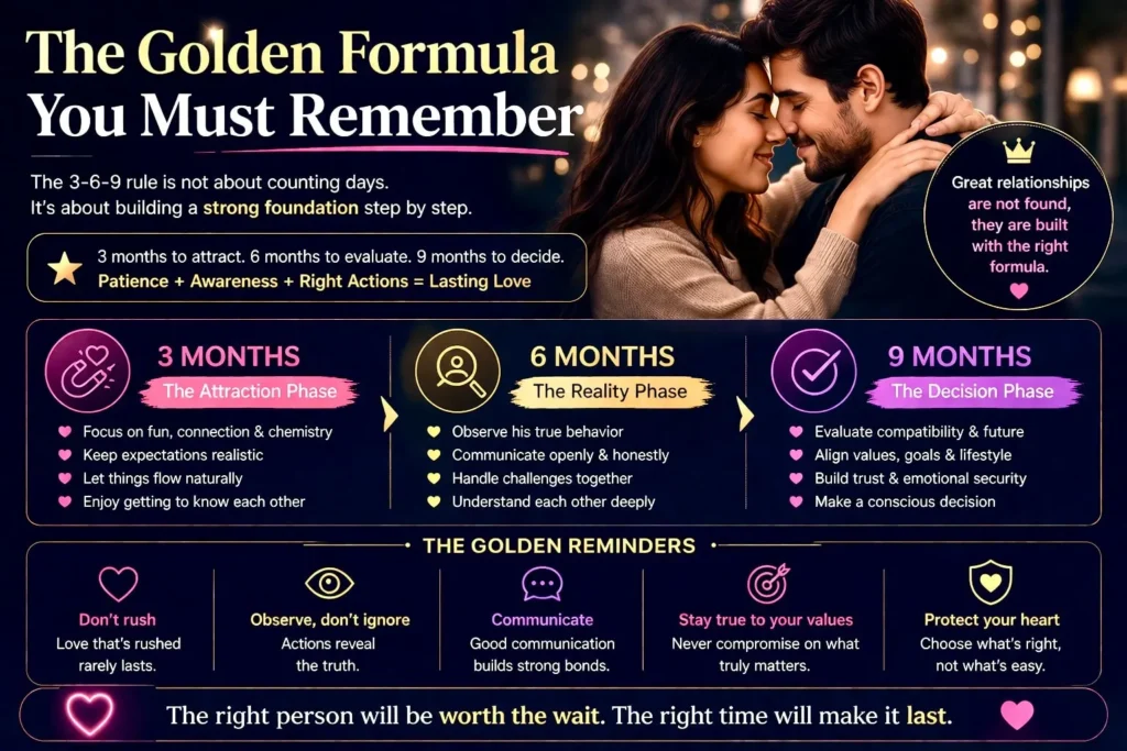 Infographic explaining 3-6-9 dating rule formula with stages for building strong and long lasting relationships