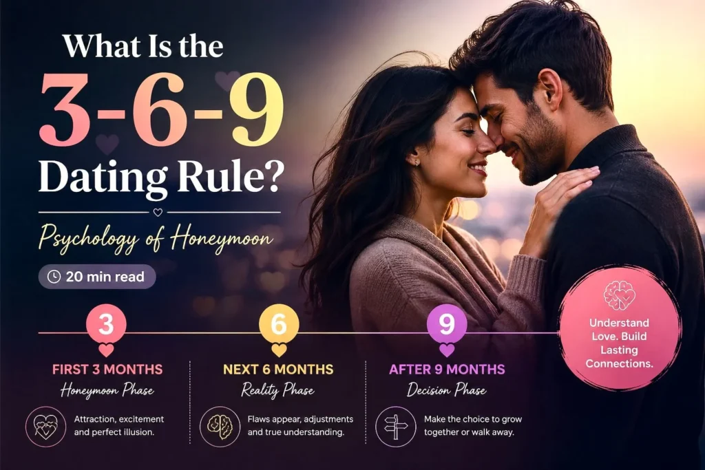 Couple in romantic setting explaining the 3-6-9 dating rule stages and honeymoon phase psychology for relationships