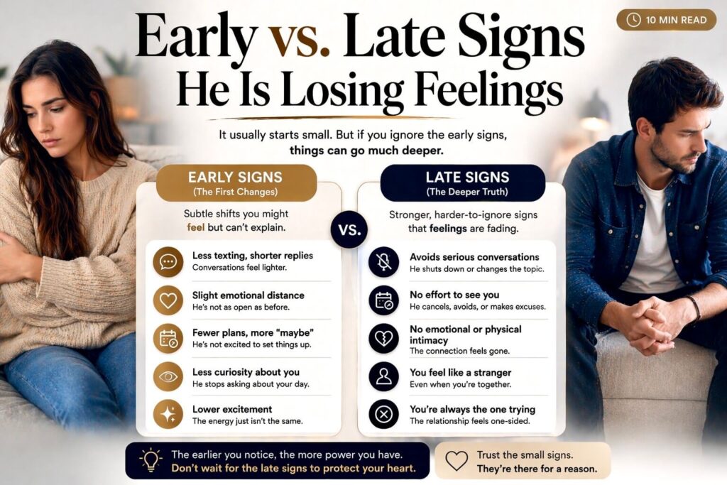 early vs late signs he is losing feelings comparison emotional distance relationship red flags explained clearly