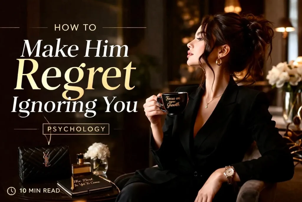 How to Make Him Regret Ignoring You – psychology blog post shown on computer screen with featured image of confident woman holding coffee in a luxury setting