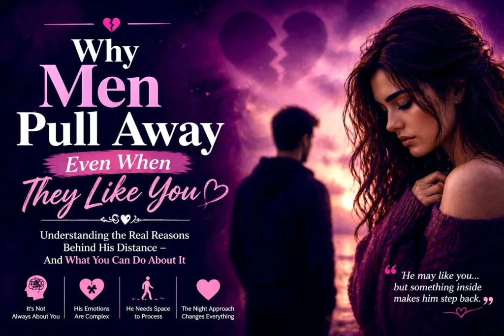 Emotional woman looking down while man walks away showing why men pull away even when they like you