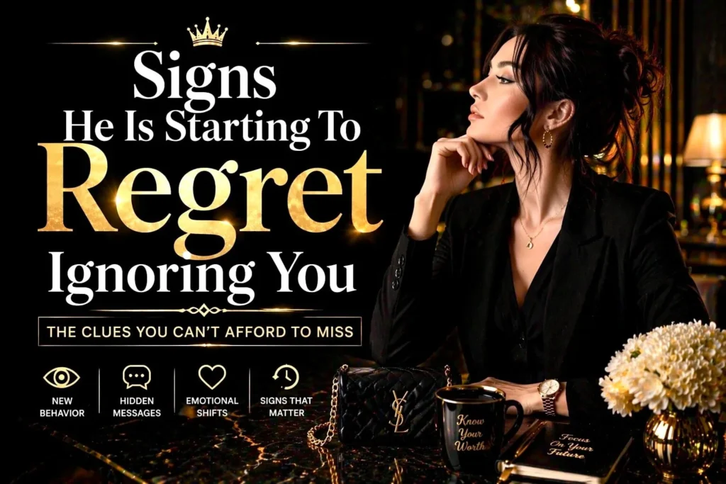 Signs he is starting to regret ignoring you including texting again, showing interest, and trying to reconnect after emotional distance