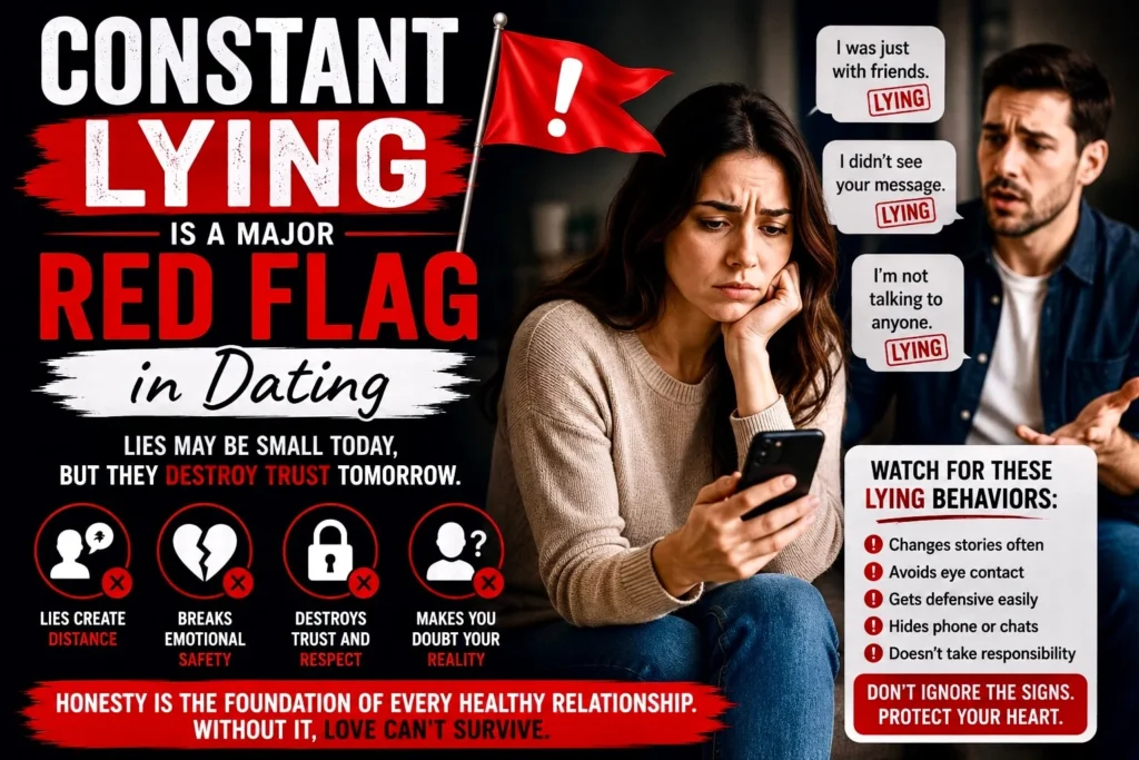 A worried woman looking at her phone while a man makes excuses, showing constant lying as a major red flag in dating.