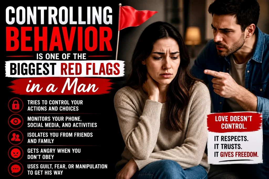 A worried woman with an angry man pointing at her, showing controlling behavior and toxic relationship red flags in a man.