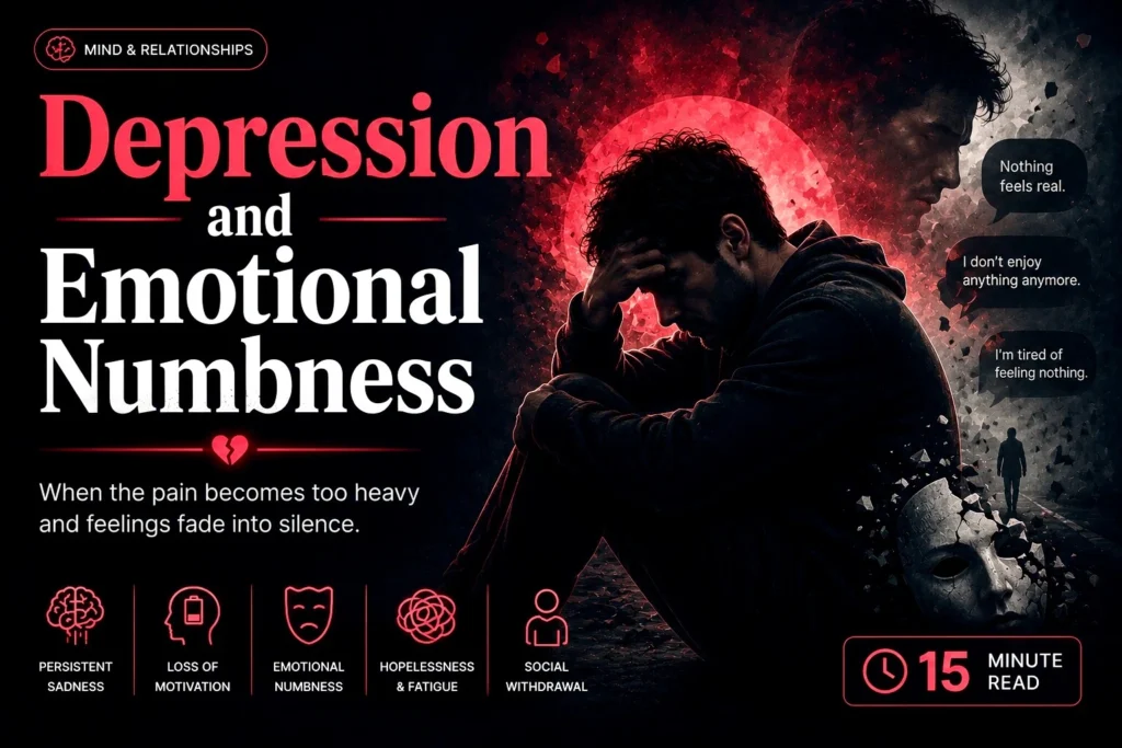 Depressed man sitting alone in emotional darkness representing numbness and mental exhaustion