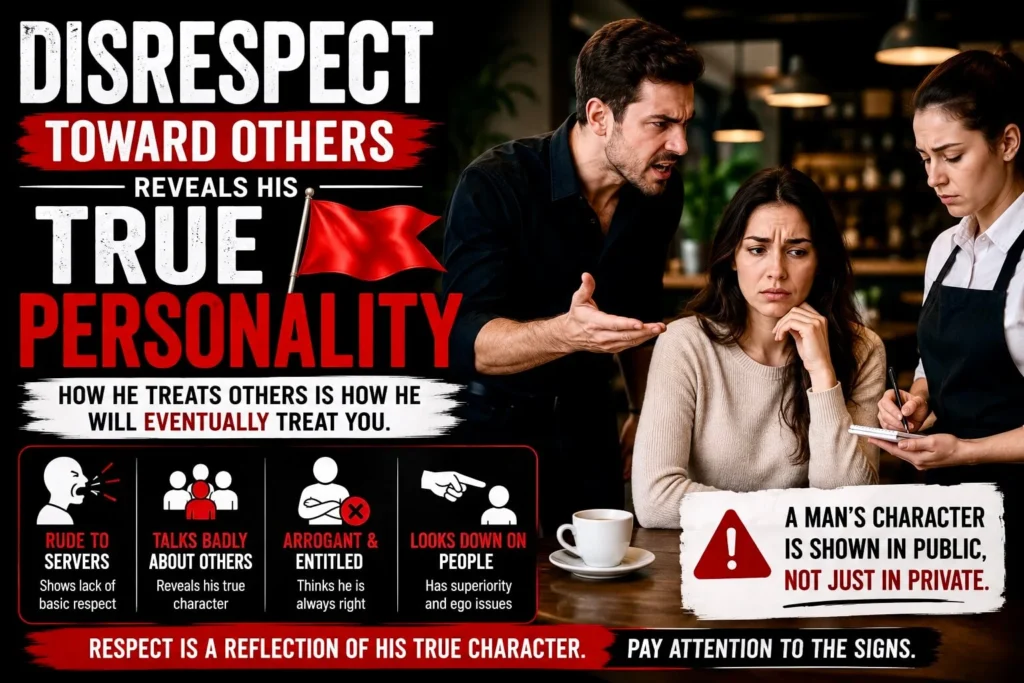 A man behaving rudely toward others in public while a woman looks uncomfortable, showing disrespect as a relationship red flag.
