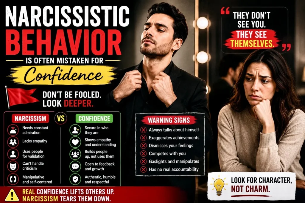 A confident-looking man with narcissistic behavior signs beside a concerned woman, explaining the difference between confidence and narcissism.