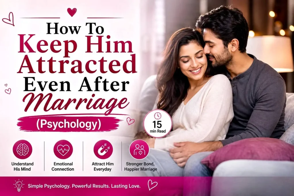 Romantic couple sitting together smiling, representing how to keep him attracted after marriage using psychology and emotional connection