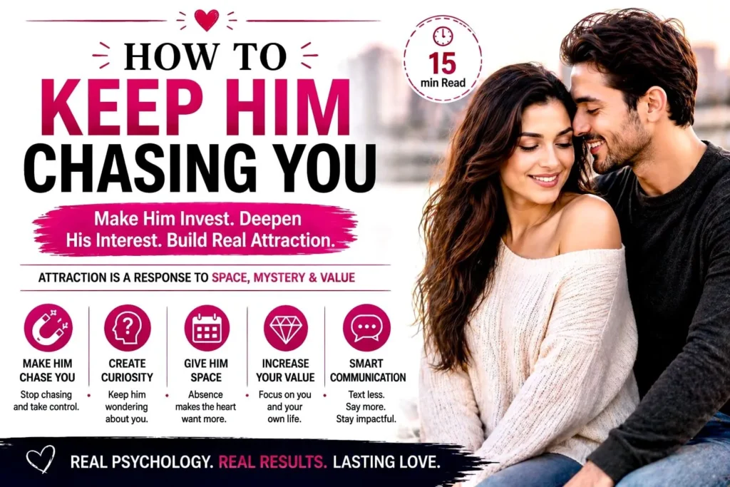 Happy couple showing emotional attraction, explaining how to keep him chasing you with mystery, space, and value