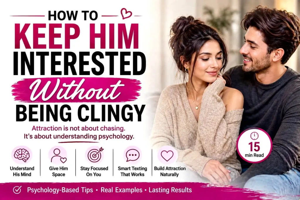 Couple sitting close and smiling, illustrating how to keep him interested without being clingy using confidence and emotional balance