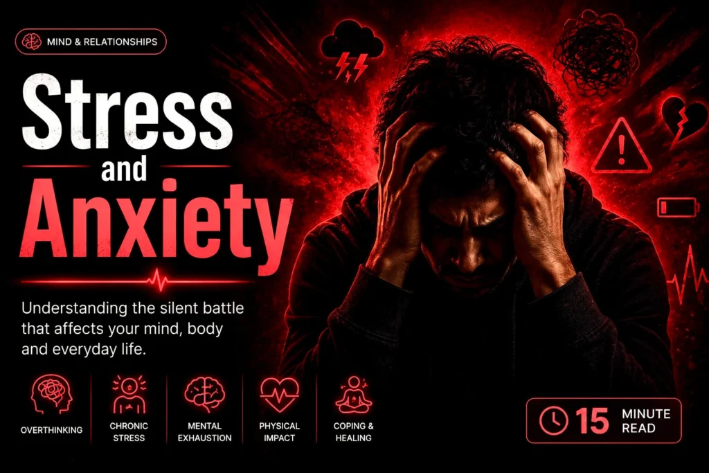 Stressed man holding his head surrounded by anxiety symbols and dark emotional atmosphere
