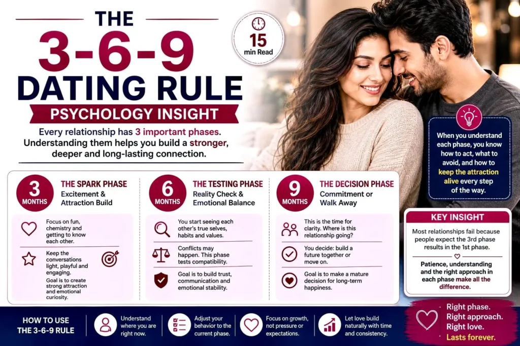 Couple smiling together, explaining the 3-6-9 dating rule phases of attraction, testing, and decision in relationships