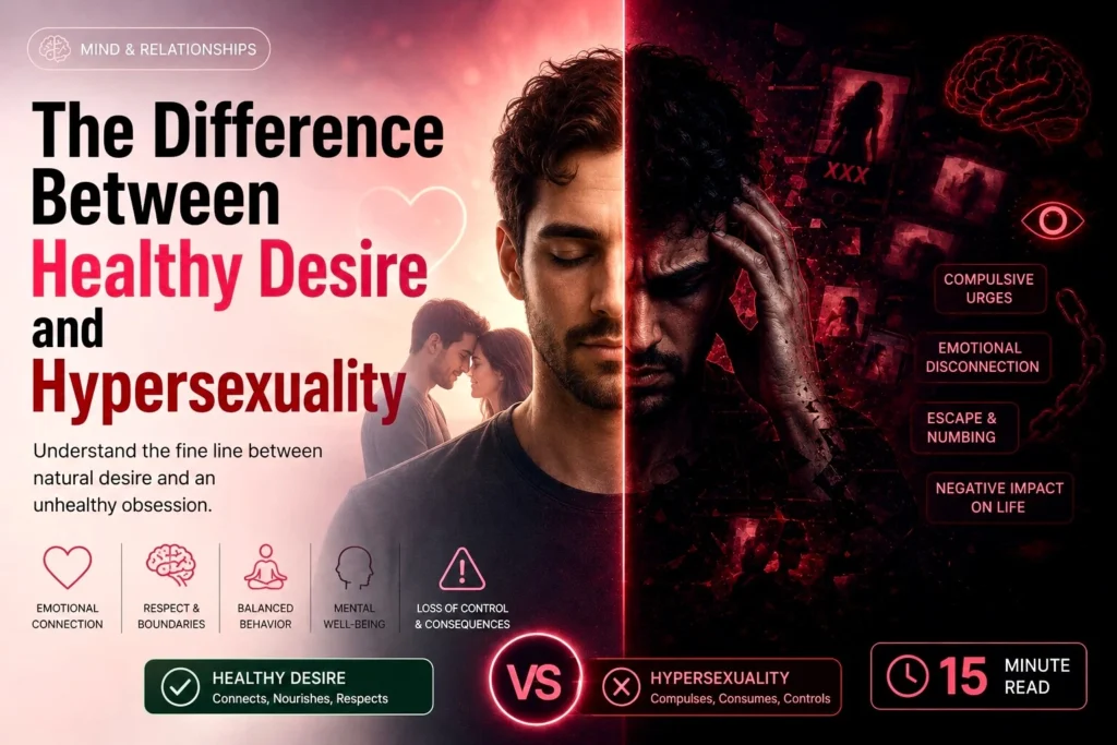 Split image comparing healthy emotional desire and unhealthy hypersexual behavior in men