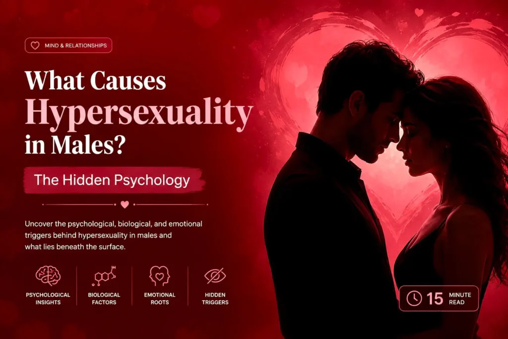 What Causes Hypersexuality in Males? The Hidden Psychology Man struggling with hypersexual thoughts and emotional pressure in a dark red psychological themed background