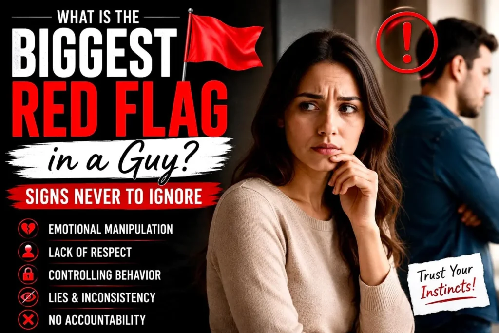 A worried woman thinking about relationship warning signs with text about the biggest red flag in a guy and toxic dating behaviors.