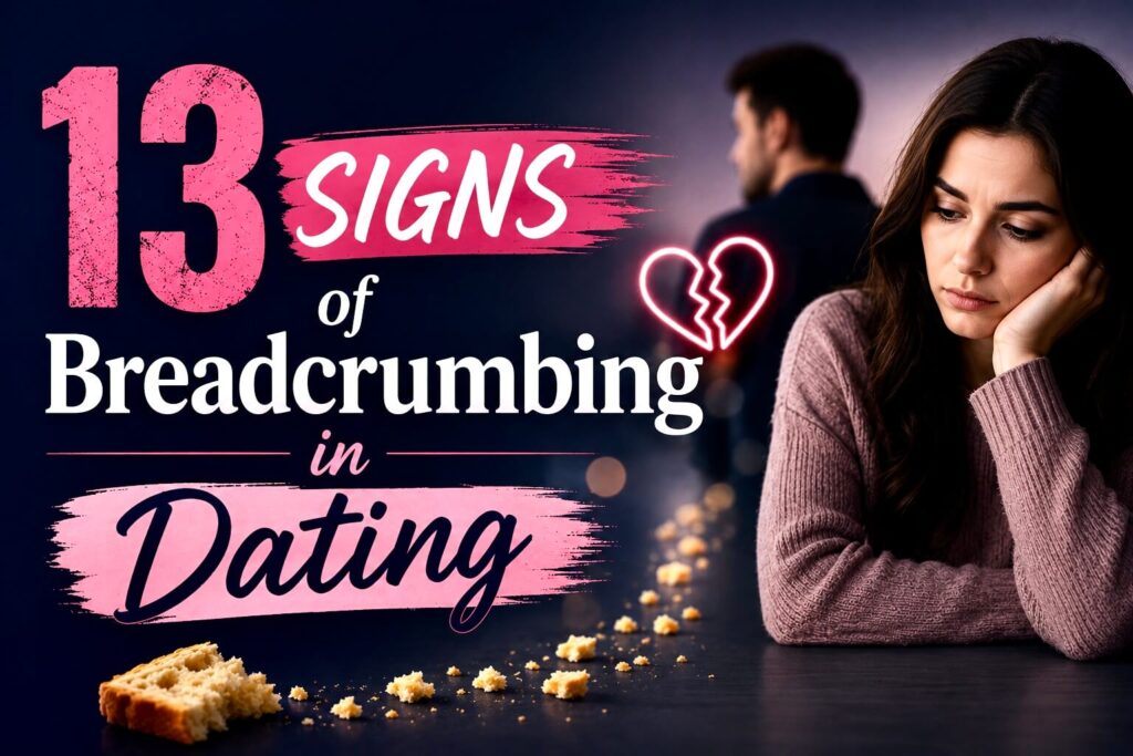 Sad woman looking at her phone with broken heart icon, representing the 13 signs of breadcrumbing in dating.