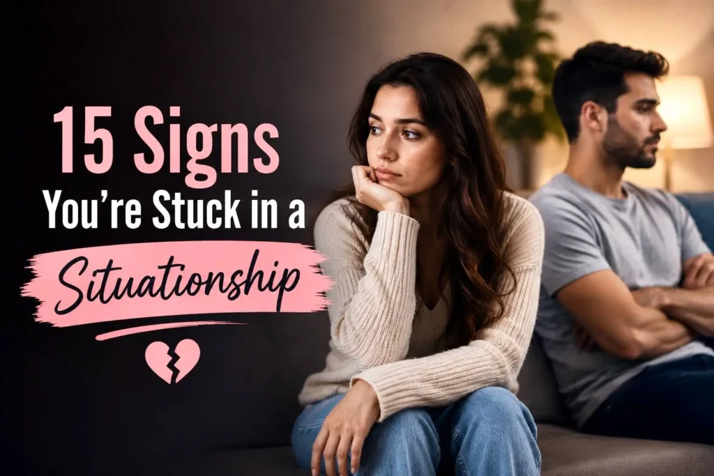 Man and woman sitting apart on a couch showing common signs of being stuck in a situationship.