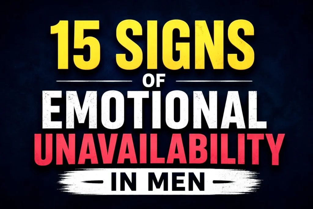 Bold graphic featuring the title 15 Signs of Emotional Unavailability in Men with a dark relationship-themed background.