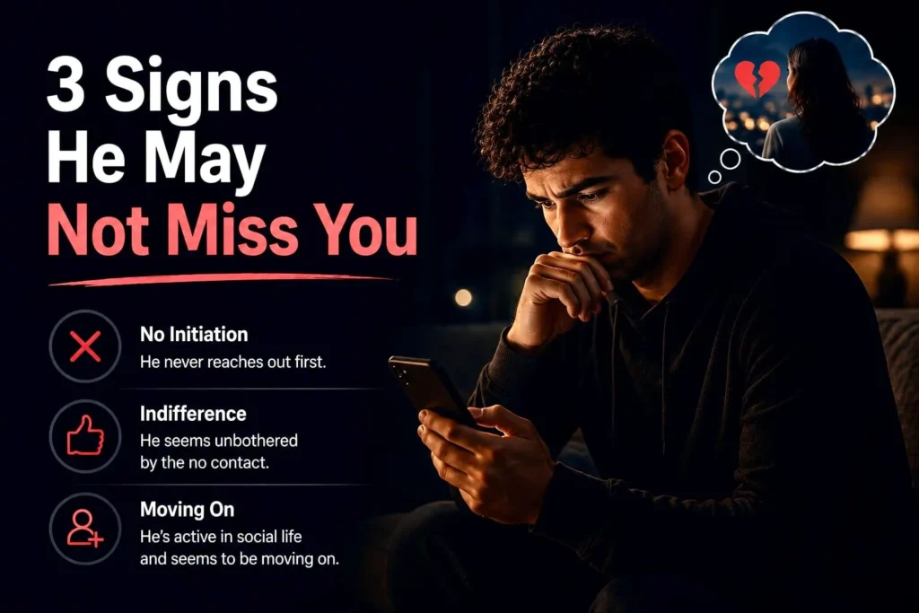 Serious man looking at his phone with a broken-heart symbol, illustrating signs he may not miss you during no contact.
