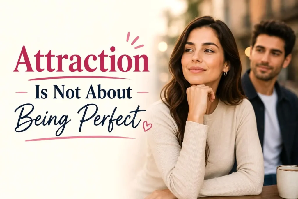 Thoughtful woman sitting confidently while a man looks at her, illustrating that attraction is not about being perfect.