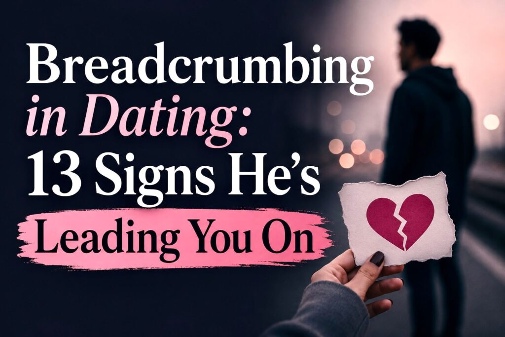 Confused woman looking at her phone while a distant man walks away, illustrating breadcrumbing in dating and signs someone is leading you on.