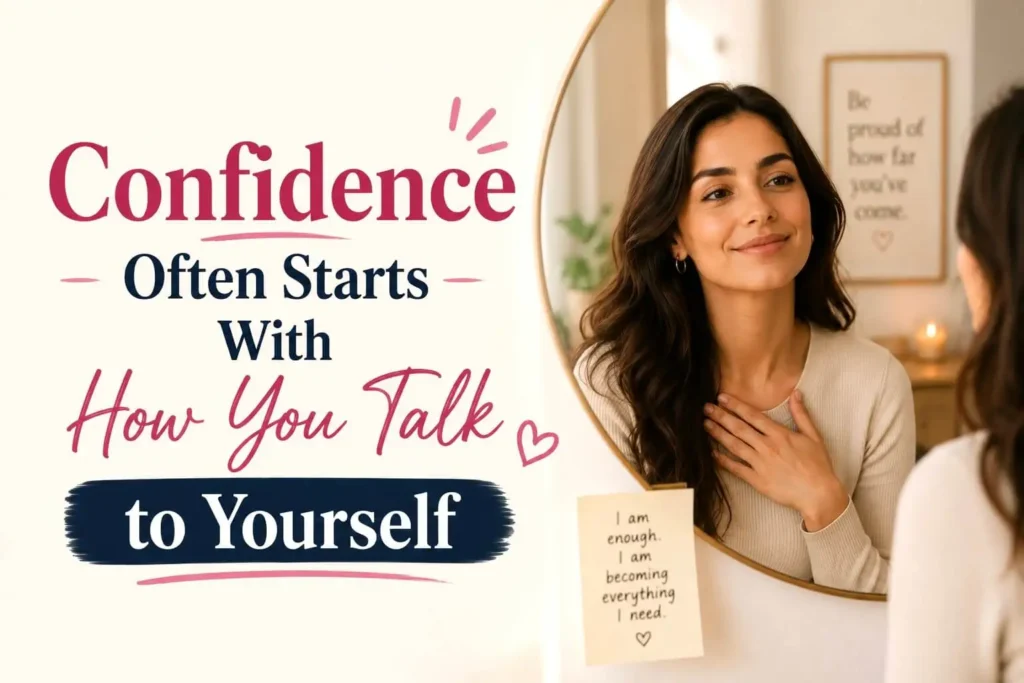 Woman with eyes closed and hand on chest practicing self-acceptance and confidence instead of comparing herself to other women.