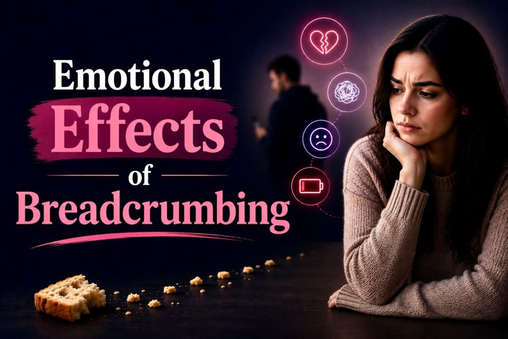 Emotionally exhausted woman with broken heart and anxiety icons showing the emotional effects of breadcrumbing.