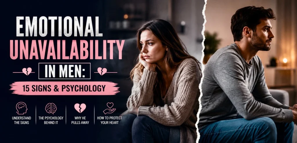 Couple sitting apart showing emotional distance with title Emotional Unavailability in Men: 15 Signs & Psychology.
