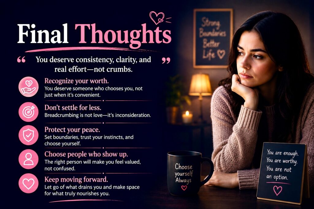 Woman reflecting on self-worth and healthy relationships after overcoming breadcrumbing in dating.