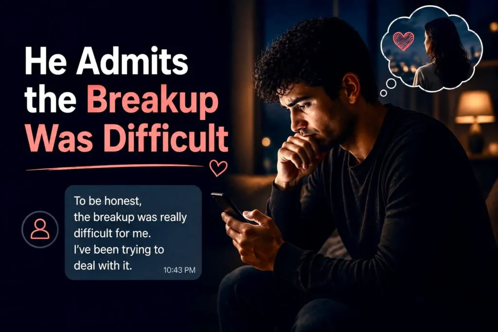 Emotional man looking at his phone and reflecting on a breakup, admitting the relationship was hard to let go.