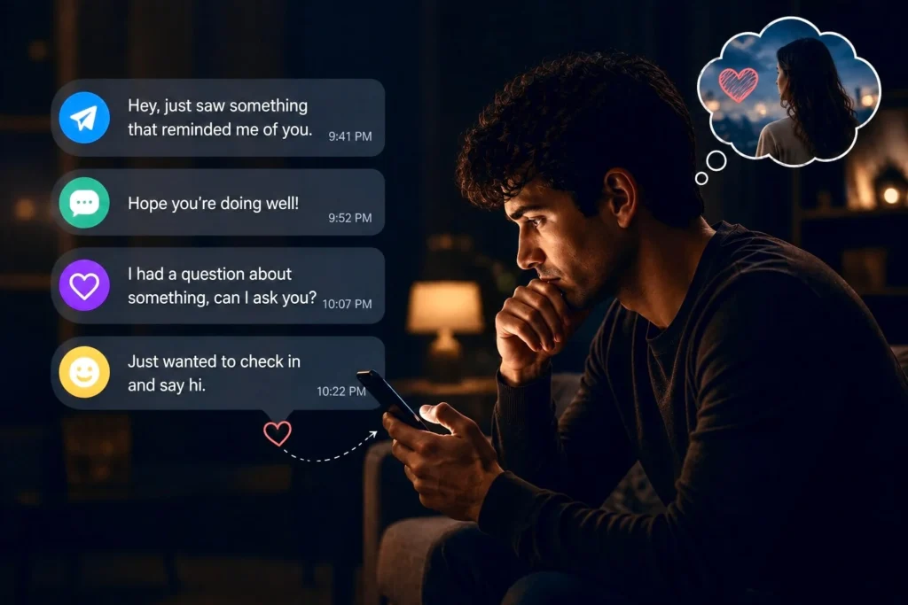 Man reading messages on his phone while thinking about a woman, showing efforts to stay connected after a breakup.