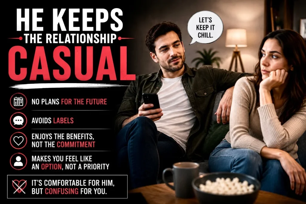 Man avoiding commitment while woman appears disappointed, representing a casual relationship without emotional commitment.