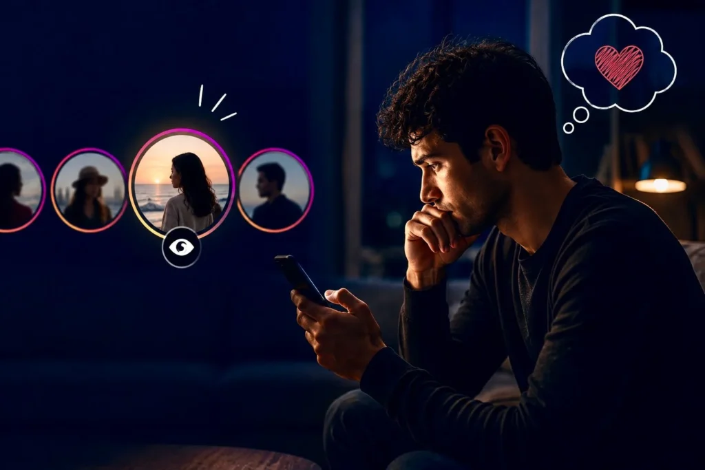 Man checking social media stories on his phone and thinking about a woman, symbolizing continued interest during no contact.