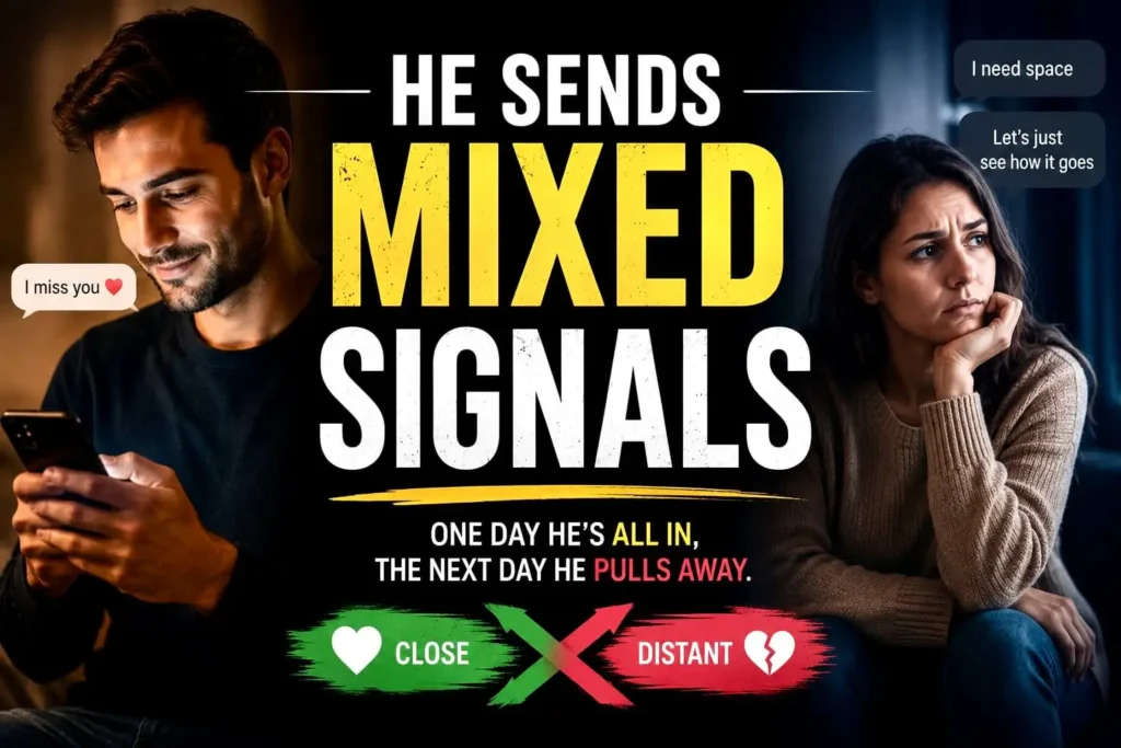 Man sending inconsistent signals while woman looks confused, representing mixed signals in a relationship.