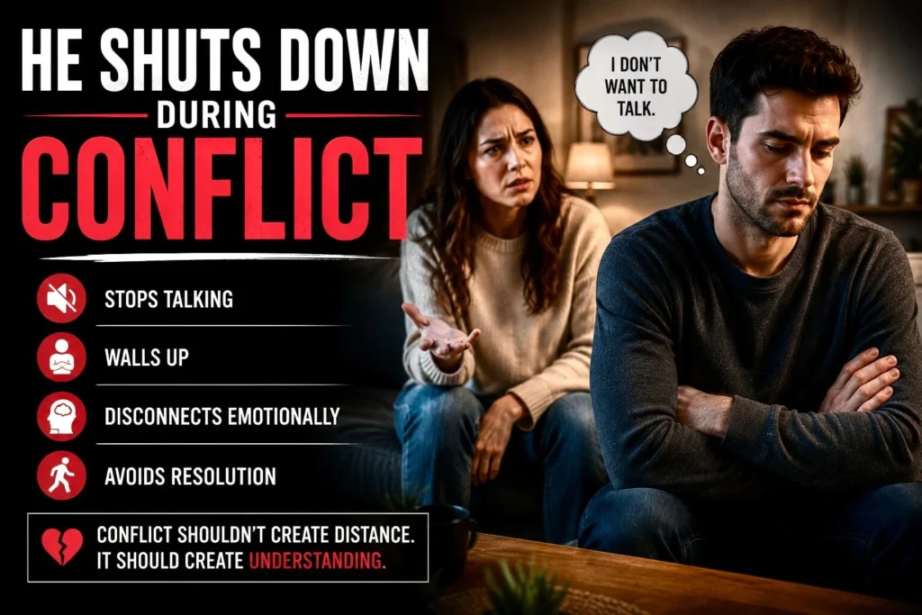 Man emotionally withdrawing during an argument while partner tries to communicate, illustrating conflict avoidance.