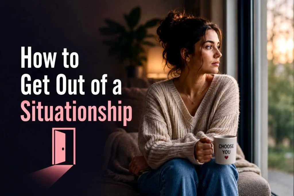 Woman looking out a window symbolizing healing, self-worth, and moving on from a situationship.