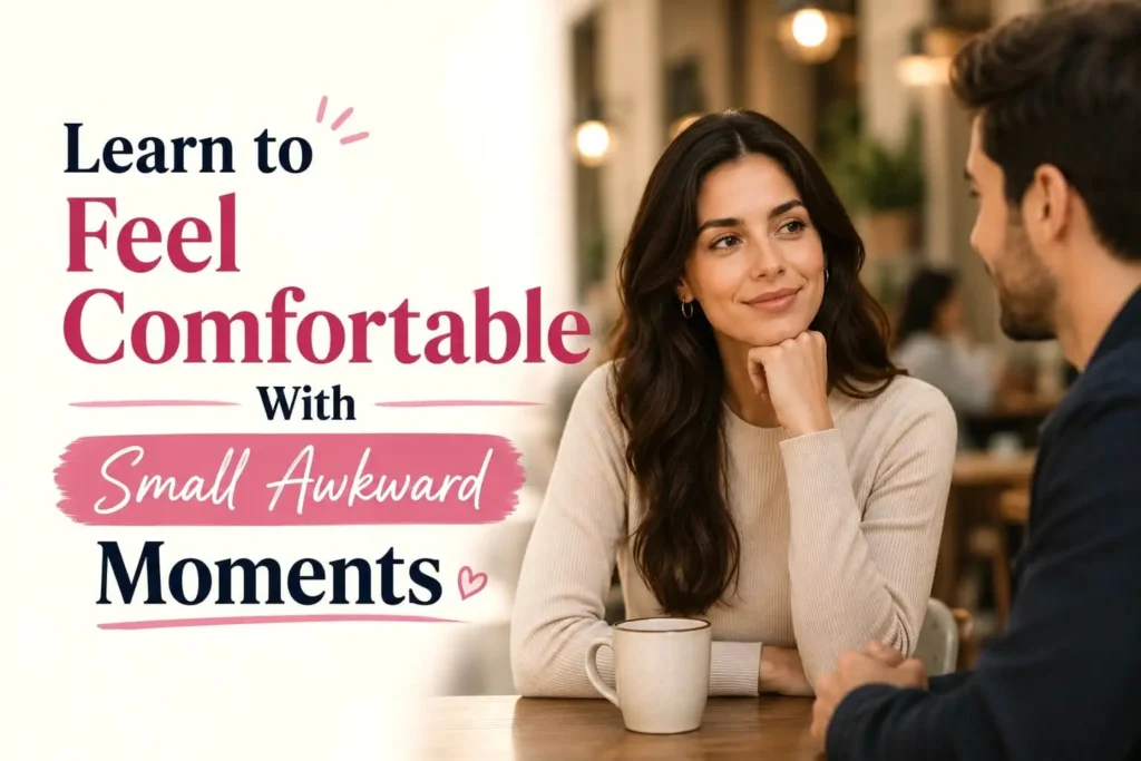 Woman having a relaxed conversation with a man in a café, demonstrating confidence during small awkward social moments.