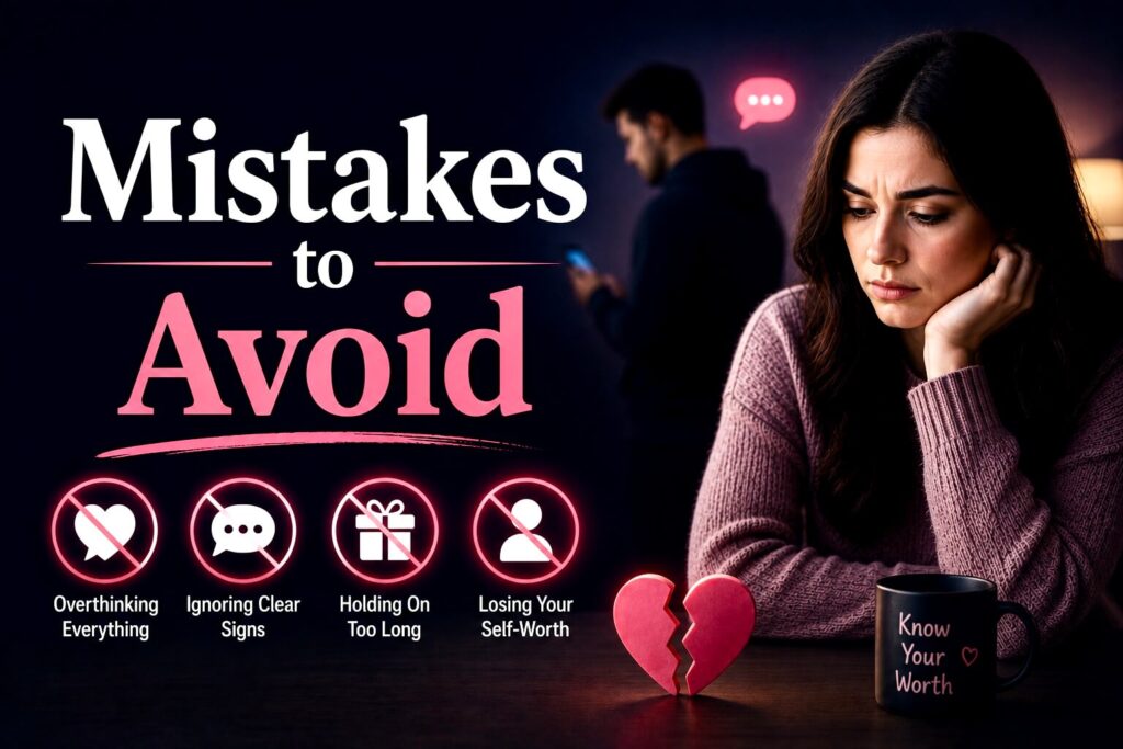 Woman overthinking a relationship with warning icons highlighting common mistakes to avoid during breadcrumbing.