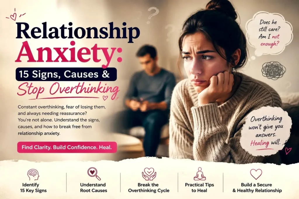Relationship anxiety signs, causes, and overthinking in a romantic relationship with a worried woman and emotionally distant partner.