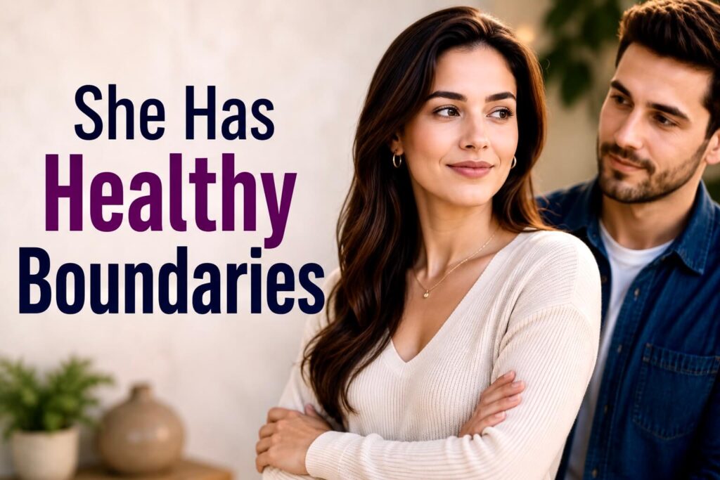 Confident woman demonstrating healthy boundaries and self-respect in a healthy romantic relationship.