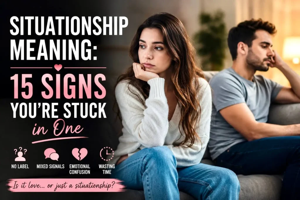 Situationship Meaning: 15 Signs You're Stuck in One. Woman and man sitting apart on a couch illustrating the meaning of a situationship and signs of relationship uncertainty.