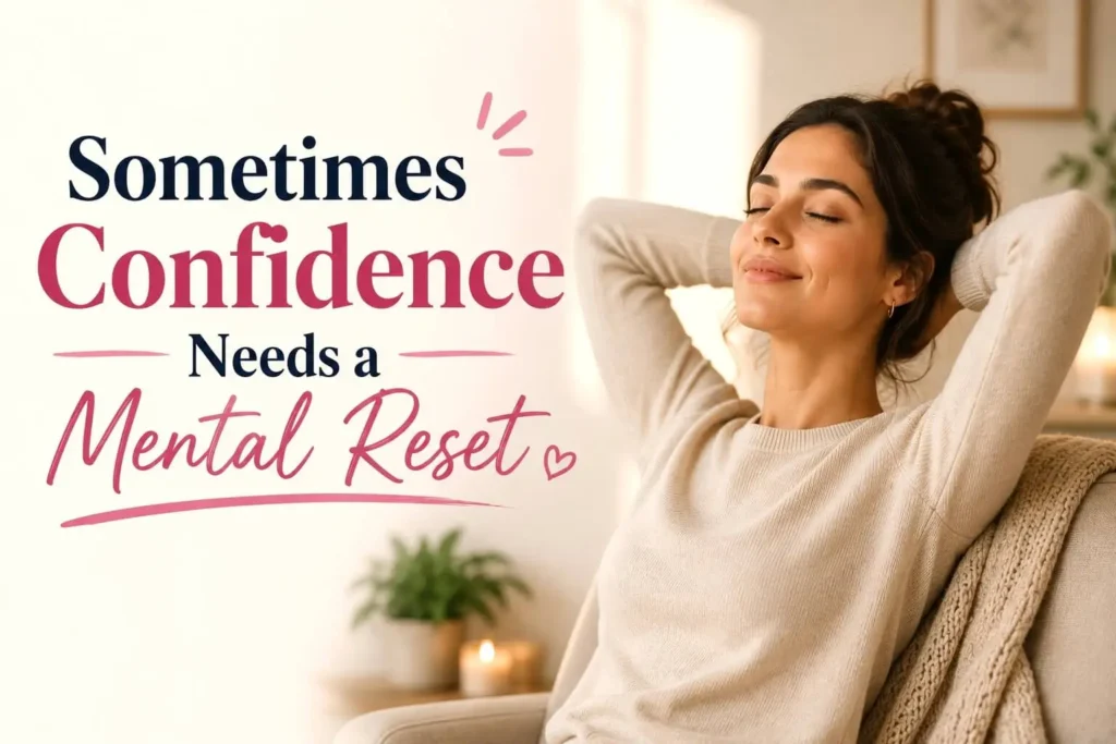 Relaxed woman sitting peacefully with eyes closed, symbolizing a mental reset for rebuilding self-confidence.