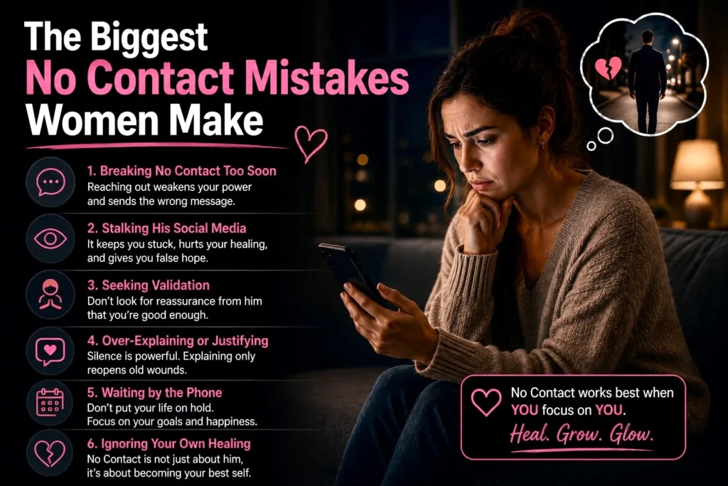 Concerned woman checking her phone and thinking about an ex, highlighting common no contact mistakes women make.