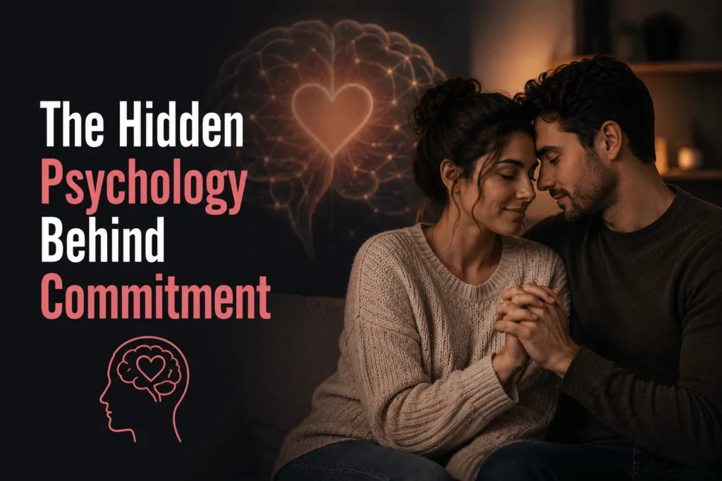 Relationship psychology concept showing a committed couple and the emotional factors behind lasting love and commitment.